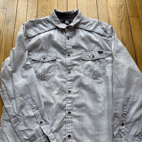 Rock & Republic Size XL Light Gray Plaid Utility Chest Pockets Button-Up Shirt - Picture 4 of 13
